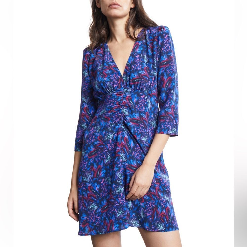 The Kooples sz 4 (US 8) Blue Mini Dress Elegant Blue Floral Dress 100% Silk NWT